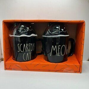Rae Dunn Artisan Collection Halloween SCAREDY CAT And MEOW Coffee Mugs Lids Set